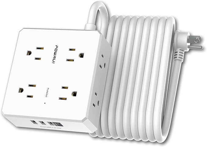 Surge Protector Power Strip - 20 Ft Flat Plug Extension Cord with 8 Widely Outlets and 4 USB Ports(1 USB C), 3 Side Outlet Extender for Home Office, White, ETL Listed