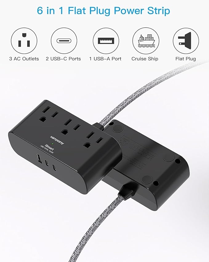 Black Flat Plug Power Strip, HANYCONY 15Ft Ultra Thin Flat Extension Cord, 3 Outlets 3 USB Ports(2 USB C) Multi Plug Outlet Extender with No Surge Protector for Cruise, Dorm Room Essentials