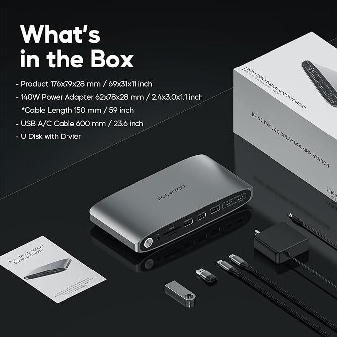 DisplayLink Docking Station Triple Monitor with 140W Power Adapter, PULWTOP 4K@60Hz Laptop Docking USB C Dock for MacBook M1/M2/M3, Windows, 3xHDMI, 2xDisplayPort,5xUSB C/USB A Data/Charging