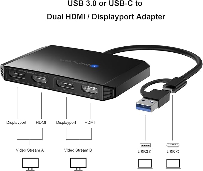WAVLINK USB C or USB 3.0 to Dual HDMI/DisplayPort Adapter, Displaylink Monitor Splitter Extended Display for Dual Monitor 4K@60Hz, HDMI/DP Splitter Compatible with Mac M1-M5/Neo,Window Laptop-Black