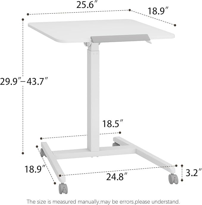 PUNCIA 90°Tiltable Small Standing Desk with Stoppers Mobile Rolling Laptop Table on Wheels Pneumatic Adjustable Height Computer Workstation Stand Up Cart Bedside Overbed Table for Home Office White