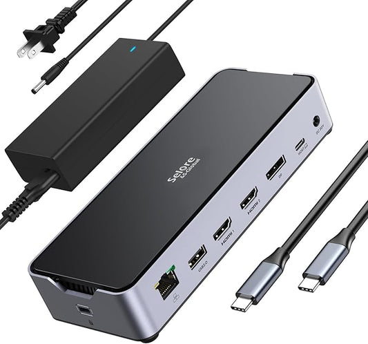 USB C Docking Station 3 Monitors Laptop Dock Dual Monitor with 2 HDMI DisplayPort 4K@144Hz,USB A 2.0/3.0,USB C 3.1 10Gbps&30W Output,Ethernet,microSD&SD,Audio&Mic,150W DC Power for Dell/Lenovo/HP