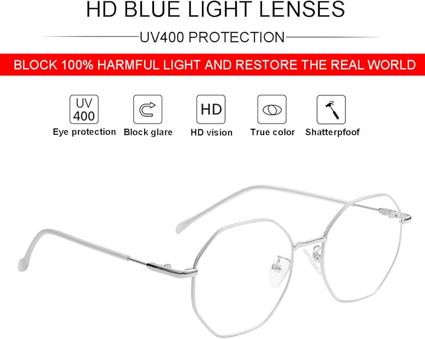 JOVAKIT Polygon Blue Light Blocking Glasses for Women Men Vintage Octagon Square Non-prescription Metal Eyeglasses