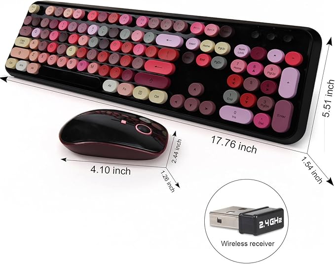 Wireless Keyboard and Mouse | Cute Colorful Keyboard and Mouse with 2.4GHz Cordless Retro Typewriter Keyboard | Auto-Sleep | USB Receiver for Windows PC/Laptop - Black Colorful
