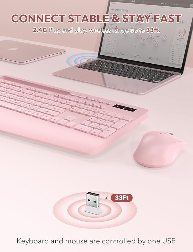 Wireless Keyboard and Mouse, Wrist Rest, Phone Holder, Batteries Included, 2.4G Lag-Free Ergonomic Keyboards Mouse Combo, KM23D Silent Keyboards Set for Computer, Laptop, PC, Windows, Pink -SABLUTE
