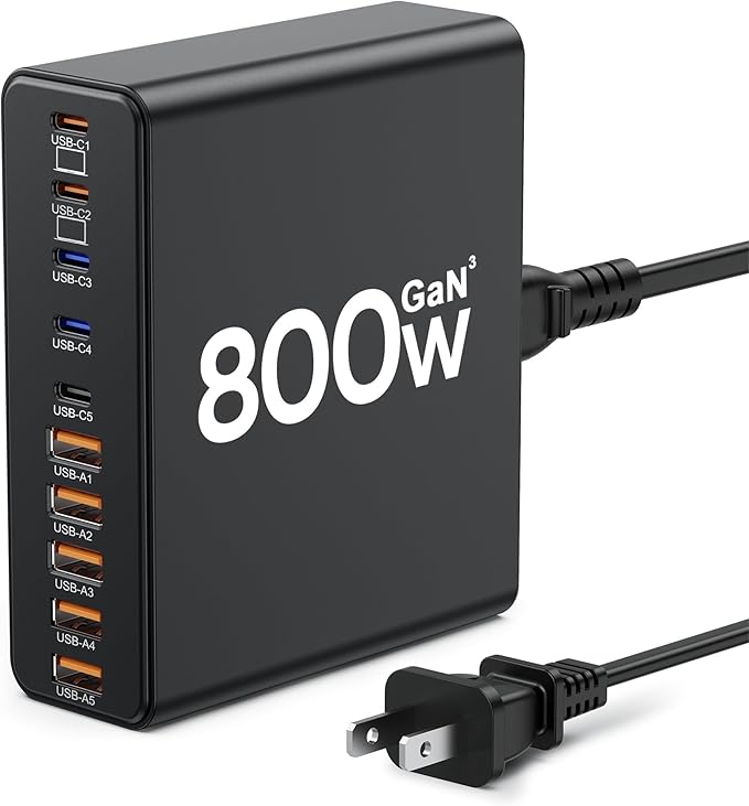 800W USB C Charger Block,10-Port Charging Station GaN Fast Charging Type C & USB A Wall Charger Adapter for MacBook Pro/Air,iPhone,iPad,Dell XPS,Samsung Galaxy (Bright Black)