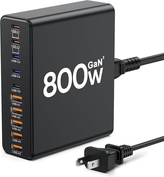 800W USB C Charger Block,10-Port Charging Station GaN Fast Charging Type C & USB A Wall Charger Adapter for MacBook Pro/Air,iPhone,iPad,Dell XPS,Samsung Galaxy (Bright Black)