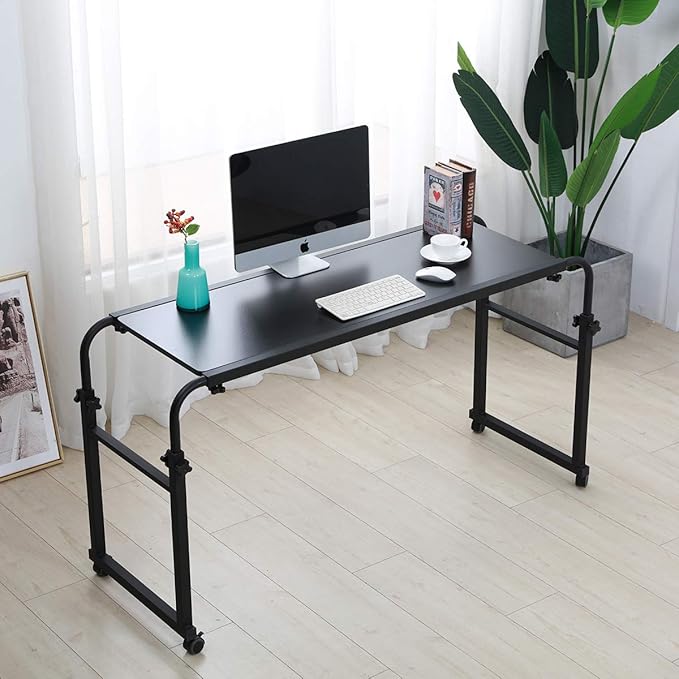 TigerDad Overbed Table with Wheels, 350lbs Capacity Heavy Duty Rolling Bed Desk for King Queen Bed, 55"-83" Adjustable Length & Height, Mobile Cross Bed Laptop Stand for 17 inch Computer, Black
