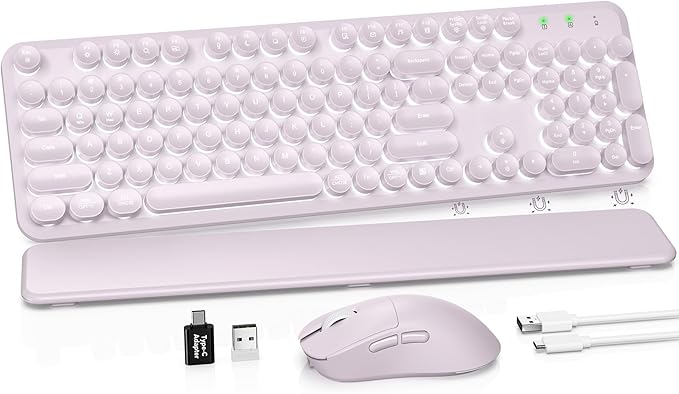 Wireless Keyboard and Mouse Combo, Backlit Round Keycaps, Retro Typewriter Keyboard with Magnetic Wrist Rest, USB-C Rechargeable & Tilt Legs, 2.4GHz Cordless for Mac Windows PC (Glowing Pastel Purple)