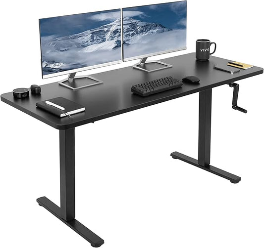 VIVO Manual Height Adjustable 60 x 24 inch Stand Up Desk, Black Solid One-Piece Table Top, Black Frame, Standing Workstation with Foldable Handle, DESK-KIT-MB6B