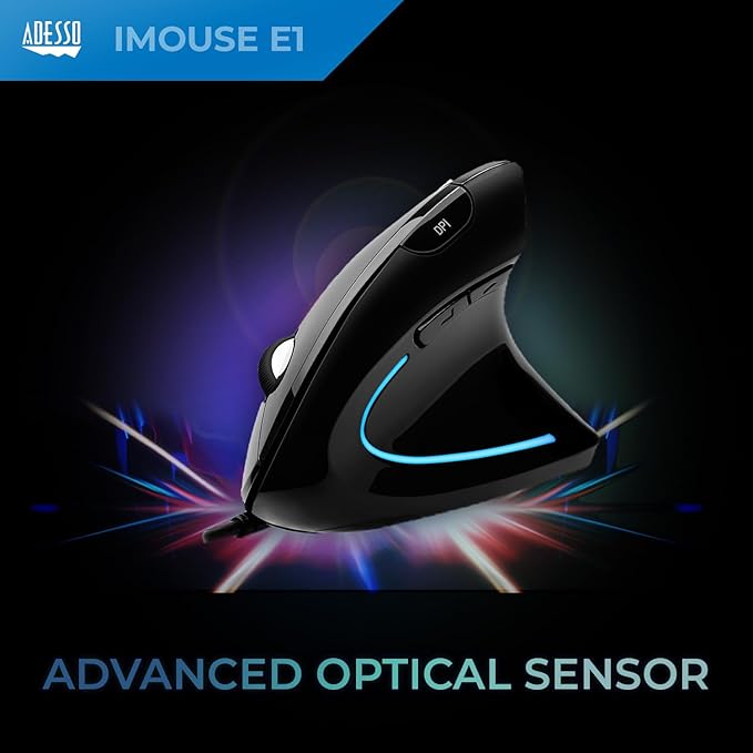 Adesso Wired Vertical Ergonomic Illuminated Optical 6-Button USB Mouse - Right Hand Orientation, Black