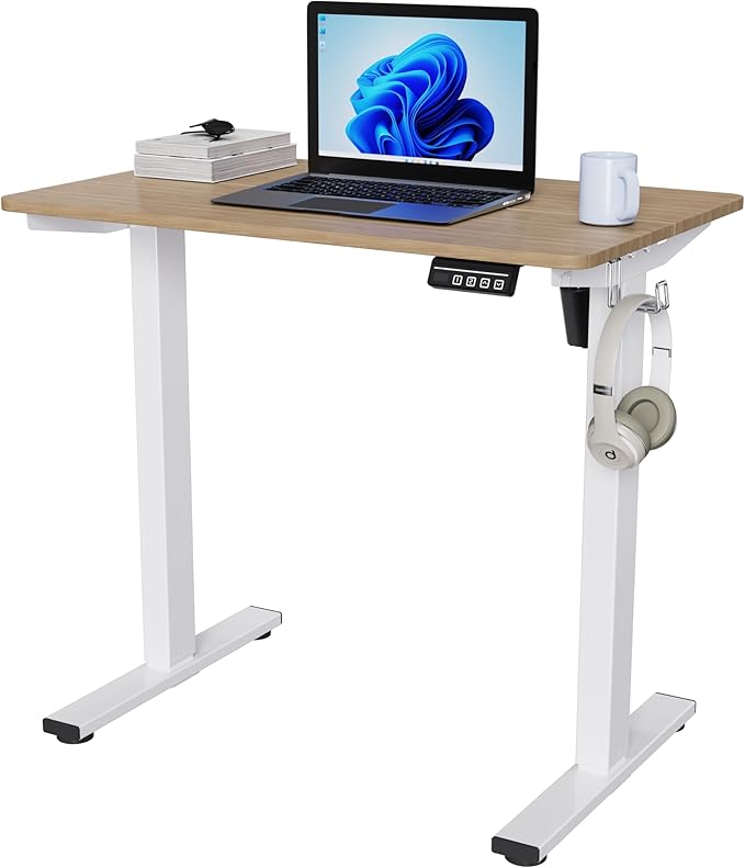 Electric Standing Desk Adjustable Height, 32x20 Inches Sit Stand up Desktop for Home Office, Ergonomic Rising Computer Table with Memory Preset, Yellow Beams