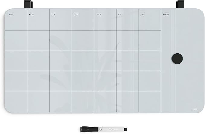 U Brands Magnetic Cubicle/Wall Glass Dry-Erase Monthly Calendar Board, 23" X 12" Inches, White Frosted Surface, Frameless