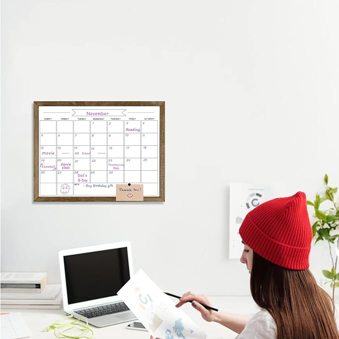 Dry Erase Monthly Calendar Whiteboard, Magnetic Surface White Board for Wall, Office/School/Home, Solid Pine Wood Rustic Brwon Frame Hanging Board & Planning Board, 13"x 17" (YL-RB-3343-B)