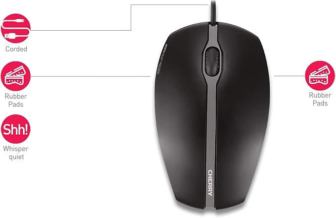 Cherry GENTIX Silent - Corded - Quiet Mouse - No clicking Noise - Rubber Sides - Symmetrical – Black