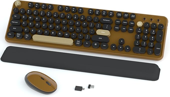 Wireless Keyboard and Mouse Combos, Retro Keyboard and Mouse Wireless Full Size, 2.4Ghz Connection and Optical Mouse for Windows, Mac, PC, Laptop for Home and Office (Coffee-Black)