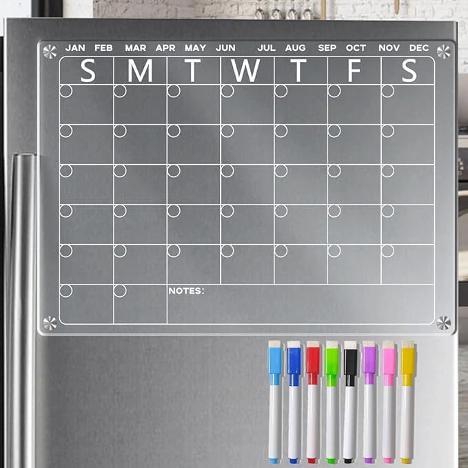 Magnetic whiteboard for Refrigerator，Dry Erase Calendar for Fridge，Calendar Board，Clear Monthly Planner with 8 Color Markers，16.5 * 11.7inch (Monthly)