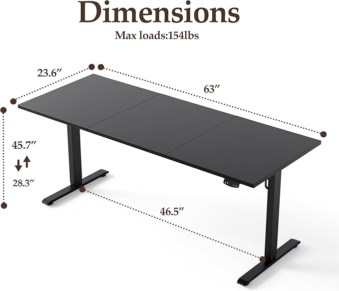 Klicelor 63 Inch Large Electric Standing Desk, Height Adjustable Office Desk, Sit Stand Up Computer Gaming Desk with Memory Preset, Three-Piece Desktop, Black