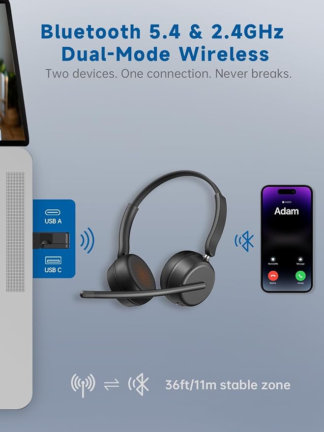 Wireless Headset with Mic for Work, Bluetooth 5.4 Headphones with AI Noise-Canceling Mic for Clear Calls, Wireless Headsets with Mic Mute & USB A/C Dongle for PC, Computer, Laptop, Black