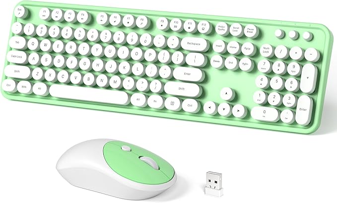 Wireless Keyboard and Mouse Combo, MOWUX Full Size Typewriter Retro Round Computer Keyboard, Mouse Wireless, Plug and Play, for Laptop, PC, Computer- Green