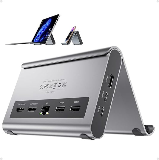 USB C Docking Station Dual Monitor, PULWTOP Laptop Dock for Windows, Laptop Docking Staion Stand with 2xHDMI 4K,3xUSB-C/A 10Gbps,2xUSB-A 5Gbps,RJ45,PD for Surface Pro11/10/9/8/Dell/HP/Lenovo/Asus/Acer