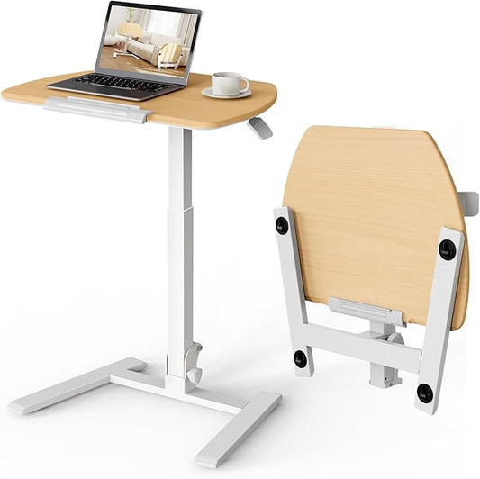 ROMOON Foldable Small Standing Desk with No-Assembly Design, Rolling Height-Adjustable Sit-Stand Table with Wheels, Space-Saving Portable Laptop Cart for Home Office and Small Space (Natural Oak)