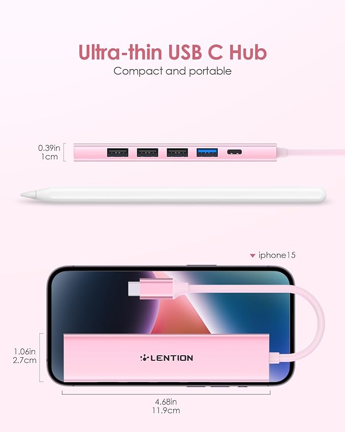 LENTION USB C Hub Multiport Adapter with 100W Charging, 4K HDMI, 4 USB-A Data Ports, Type C Hub for 2016-2026 MacBook Pro/Air/Neo, Surface, Chromebook, USB Splitter for iPhone 15-17 (CH17, Rose Gold)