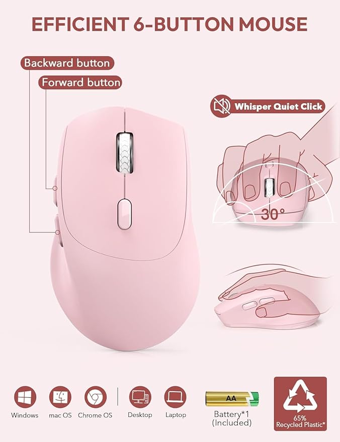 Wireless Keyboard and Mouse, Wrist Rest, Phone Holder, Batteries Included, 2.4G Lag-Free Ergonomic Keyboards Mouse Combo, KM23D Silent Keyboards Set for Computer, Laptop, PC, Windows, Pink -SABLUTE