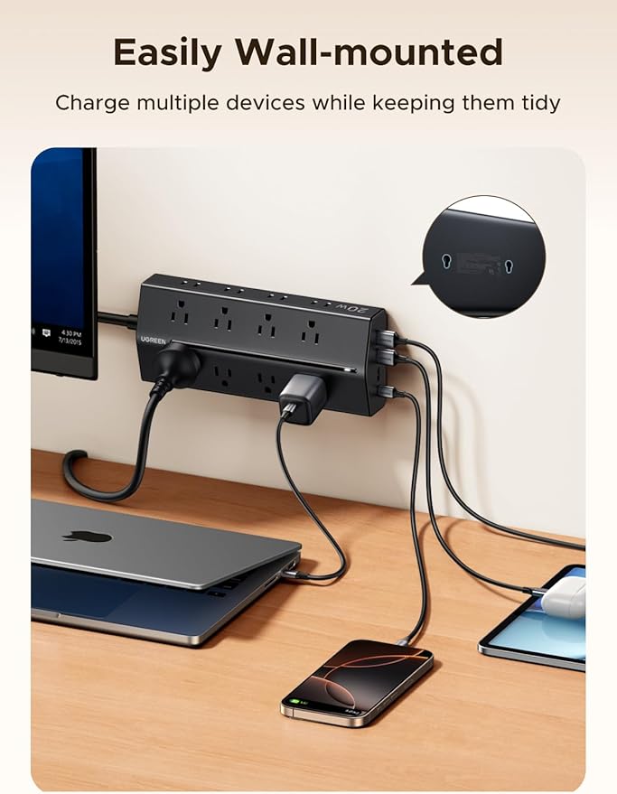 UGREEN Power Strip, 20 in 1 with 20W USB C Fast Charging[16AC + 1USB C + 3USB A][Wider Outlet Spacing] 1.5M Durable Extension Cord for Home/Office/Dorm/Travel, TUV Listed