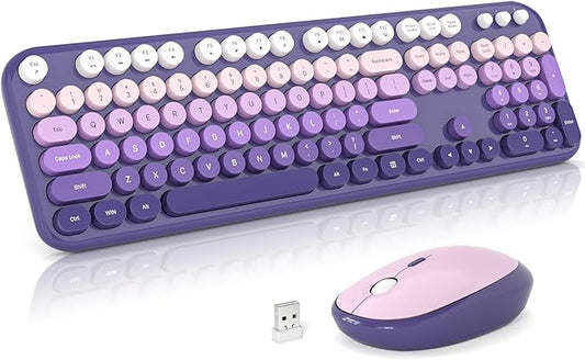 Wireless Keyboard and Mouse, 2.4G USB Retro Full Size Typewriter Keyboard and Cute Mouse Combo for Windows 7/8/10, Laptop, Desktop, PC, Computer (Purple)
