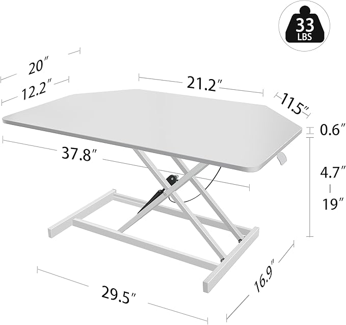 Aconcept 38 inch White Corner Height Adjustable Standing Desk Converter, One-Click Sit to Stand up Desk Riser, Pre-Assembled for Dual Monitor and Laptop Workstation