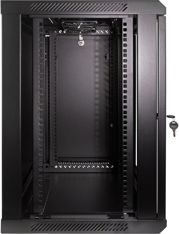 NavePoint 12U Wall Mount Network Cabinet for 19” IT Equipment, A/V, Tempered Glass Door, Locks, 2 Fans, 450mm Depth, Max Weight 132 lbs