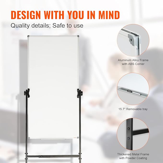 VEVOR Rolling Magnetic Whiteboard, Double-Sided Mobile Whiteboard 24x48 Inches, 360° Reversible Adjustable Height Dry Erase Board with Wheels & Movable Tray for Office School