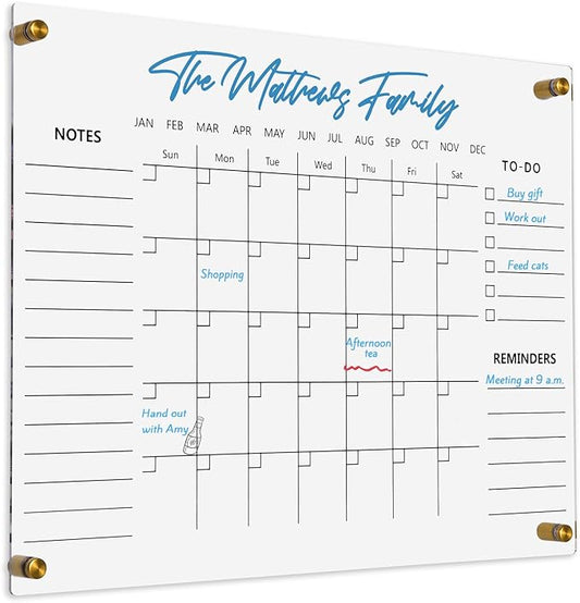 Clear Acrylic Calendar Dry Erase for Wall, Family Planner, Monthly Calendar Dry Erase Whiteboard for Home, Office, 17" x 13"Reusable White Board（Clear-3343）