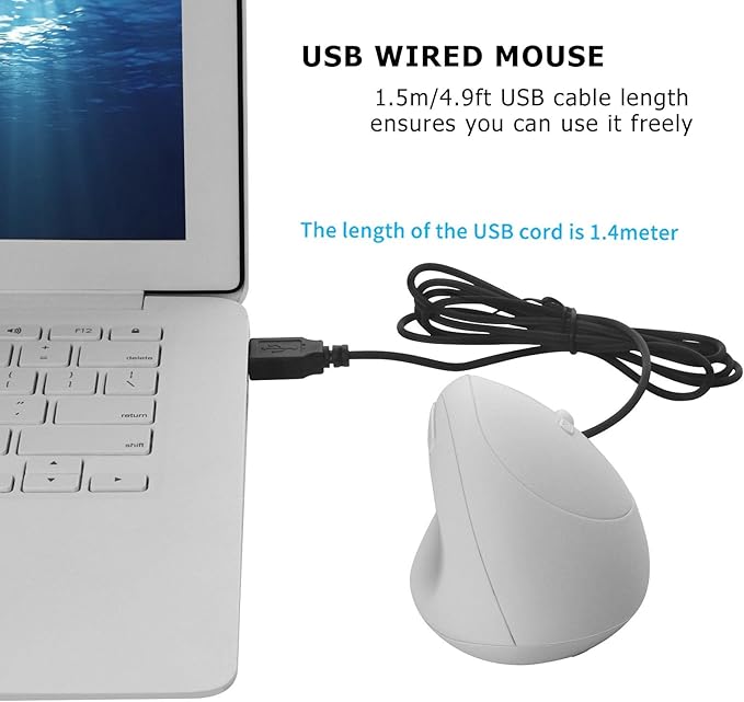 Wired Vertical Mouse, Ergonomic Optical USB Cord PC Gaming Mice 800-1200-1600 DPI Portable Silent Mause for Laptop Desktop Office Use (White)