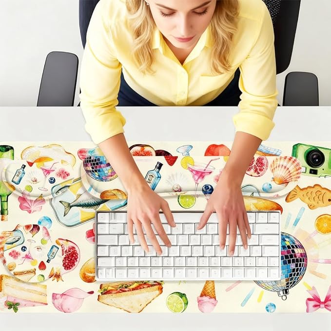 4 in 1 Large Keyboard Mouse Pad Set, Ergonomic Keyboard Wrist Rest Pad, Wrist Support Mousepad Set, Cup Coaster, Extended Desk Mat for Home Game Women Office Desk Decor Accessories(Food)