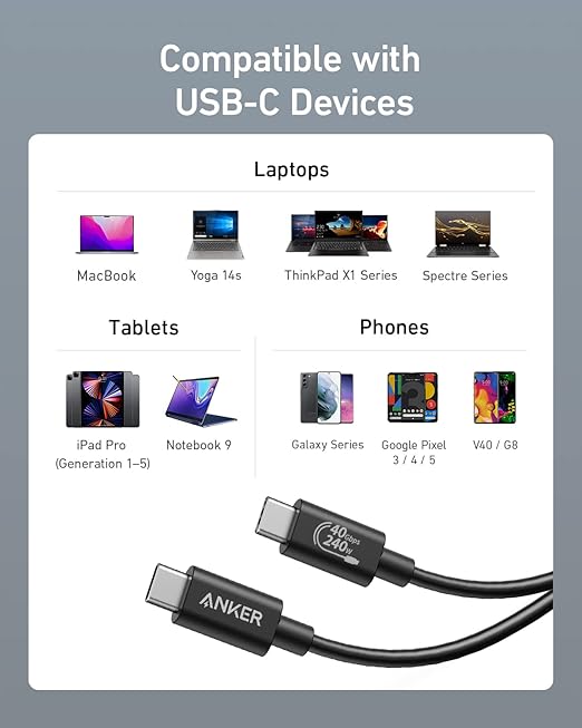 Anker USB C Cable(3.3FT, 240W), USB 4 Data Cable, 40Gbps, 8K HD Display, Thunderbolt 4/3 Compatible, for iPhone 17, MacBook, Hub, Docking and More