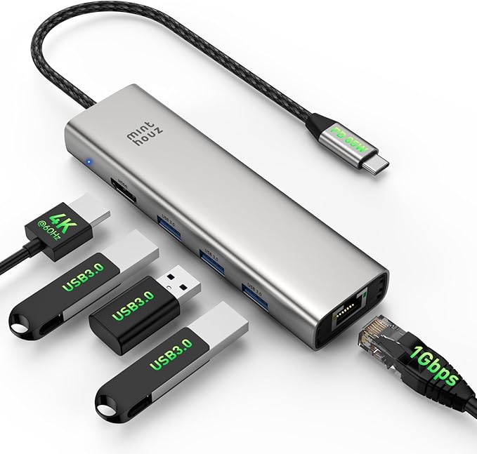 Minthouz 6-in-1 USB C Hub, 4K@60Hz HDMI, 100W PD Charging, 5Gbps USB-A Ports, 1000Mbps Ethernet, Compatible with MacBook Neo, M1/M2/M3, Surface, HP, Lenovo Laptops