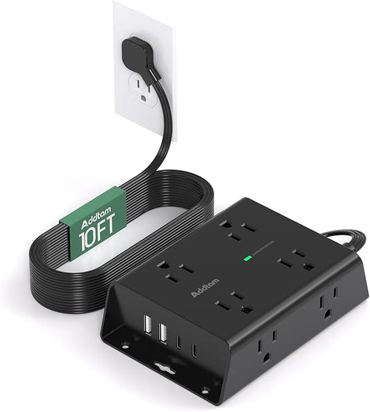 10FT Flat Plug Extension Cord with Multiple Outlets, Surge Protector Power Strip 10 ft Cord, 8 Outlets 4 USB Ports (2 USB C), Multi Outlet Wall Plug for Home Office College Dorm Room Essentials, Black