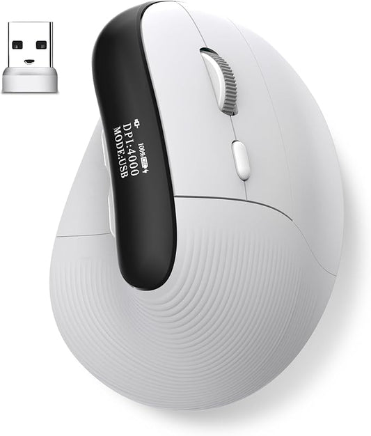 Eelexa Wireless Ergonomic Vertical Mouse with OLED Screen Display for Right Hand, Rechargeable Bluetooth Optical Computer Mice,Compatible with Windows MAC OS (White)
