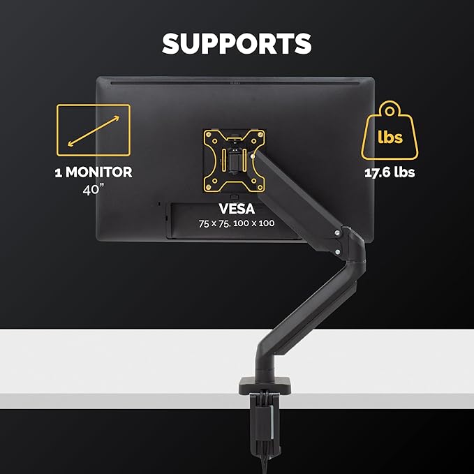 Fellowes Platinum Series Single Monitor Arm for 40-Inch Monitors, Full Motion, 360° Rotation, VESA Mount with Grommet or Clamp, USB Ports, Ergonomic, Black, 8043301