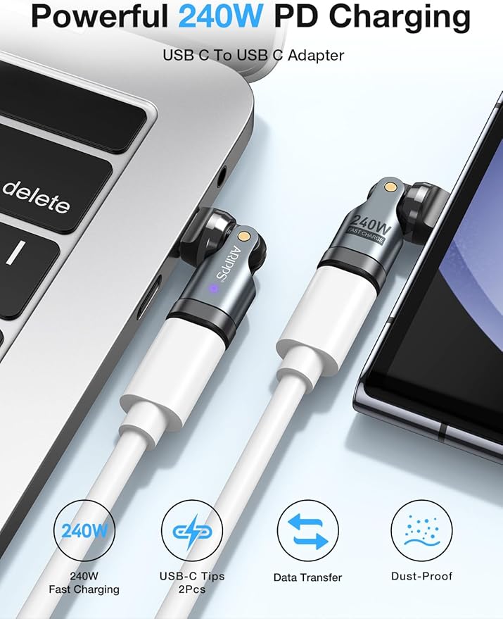 USB C Adapter [2-Pack], PD 240W USB C 90 Degree Adapter, USB Type C Right Angle Adapter/360 & 180 Degree C to C Adapters for Phone 17/16/15, MacBook Pro/Pad Series, Samsung Galaxy, Tablet, Laptop