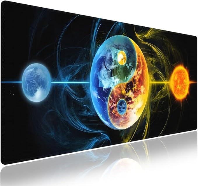 Extra Large Gaming & Office Mouse Pad (31.5" x 11.8") with Durable Stitched Edges – Abstract Yin Yang of Celestial Bodies Yellow Fire and Blue Ice Design, Anti-Slip Extended XXL Desk Mat
