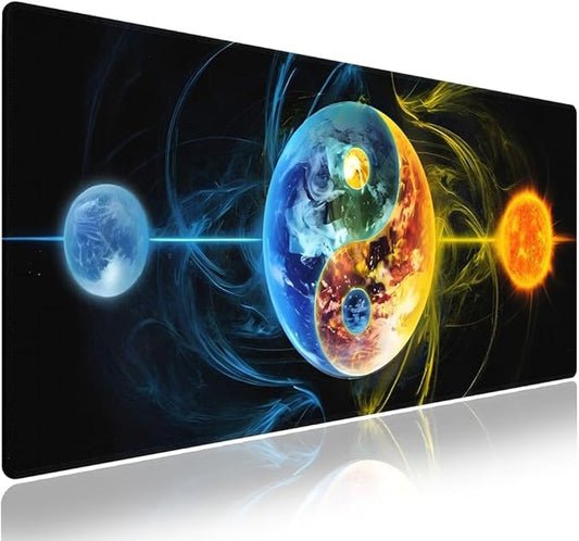 Extra Large Gaming & Office Mouse Pad (31.5" x 11.8") with Durable Stitched Edges – Abstract Yin Yang of Celestial Bodies Yellow Fire and Blue Ice Design, Anti-Slip Extended XXL Desk Mat