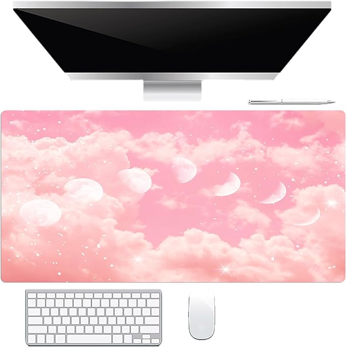EOBTAIN Pink Cloud Desk Mat for Keyboard and Mouse,Cute Pastel Large Mouse Pad Computer Gaming Mat Desk Accessories Decor,Stitched Edges and Smooth Non-Slip Rubber Mousepads,31.5x15.7 Inch