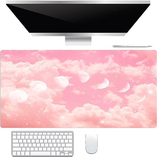 EOBTAIN Pink Cloud Desk Mat for Keyboard and Mouse,Cute Pastel Large Mouse Pad Computer Gaming Mat Desk Accessories Decor,Stitched Edges and Smooth Non-Slip Rubber Mousepads,31.5x15.7 Inch