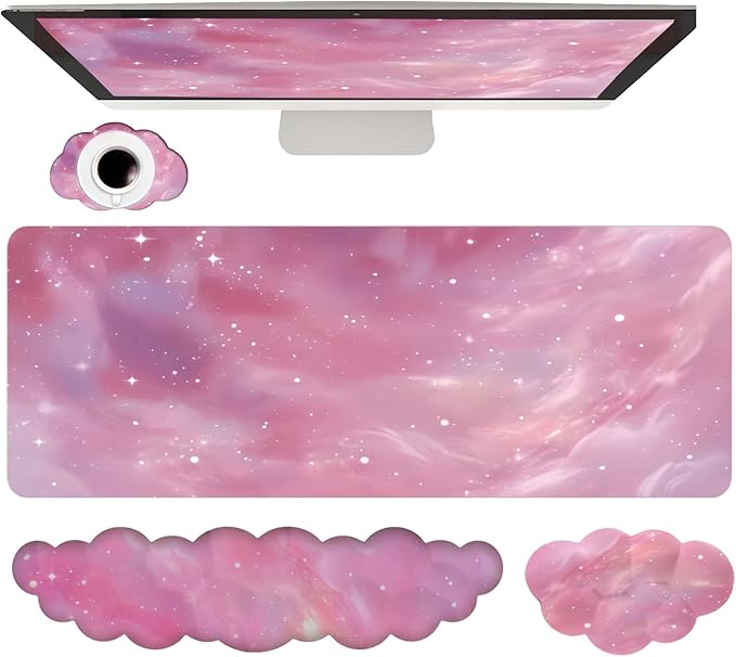 Cloud Mouse Pad Keyboard Wrist Rest 4PCS Galaxy Space Extended Large Desk Mat Pad Set Memory Foam Non-Slip Ergonomic Gaming Mouse Pad Wrist Support for Computer Laptop Home Office Cute Pink Stars