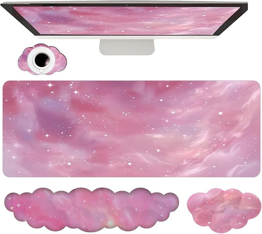 Cloud Mouse Pad Keyboard Wrist Rest 4PCS Galaxy Space Extended Large Desk Mat Pad Set Memory Foam Non-Slip Ergonomic Gaming Mouse Pad Wrist Support for Computer Laptop Home Office Cute Pink Stars