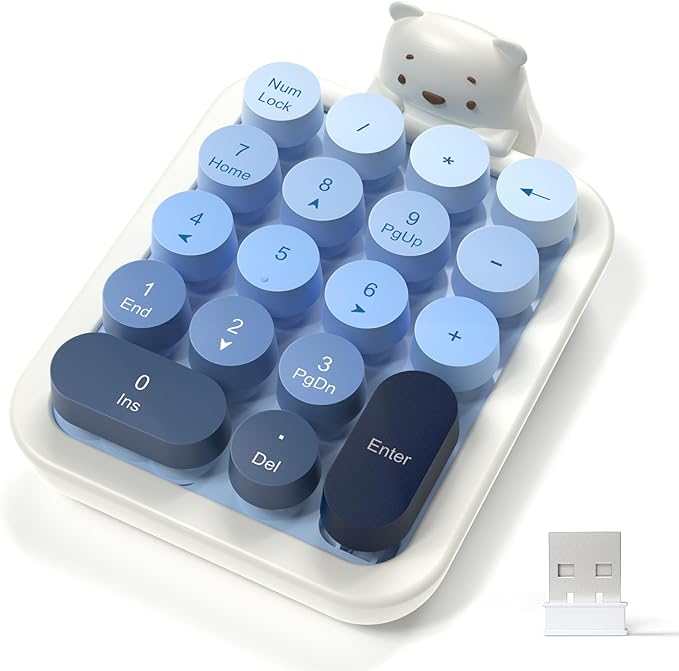 FELICON Cute Wireless Numeric Keypad with Silicon Bear,18-Key Colorful Round Keycaps,Ergonomic,2.4G Wireless Connection,Portable Financial Accounting Numpad Membrane Keyboard for PC,Laptop(Milk Blue)