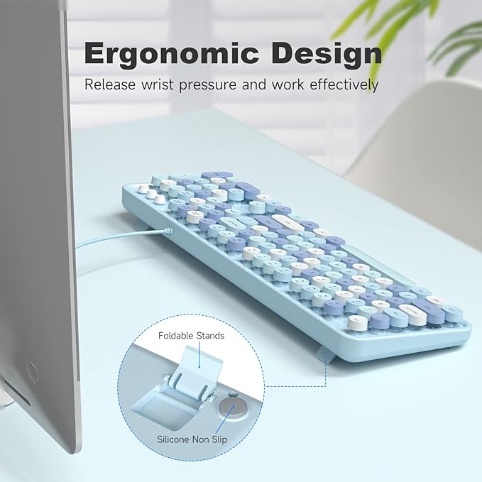KNOWSQT Wired Computer Keyboard - Blue Colorful Retro Full Size Round Keycaps Plug and Play Typewriter Cute Keyboards for Windows, Laptop, PC, Desktop, Computer
